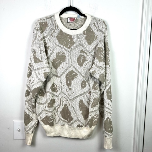 Beau Champ Vintage men's cream and brown abstract winter sweater size large - Picture 1 of 8